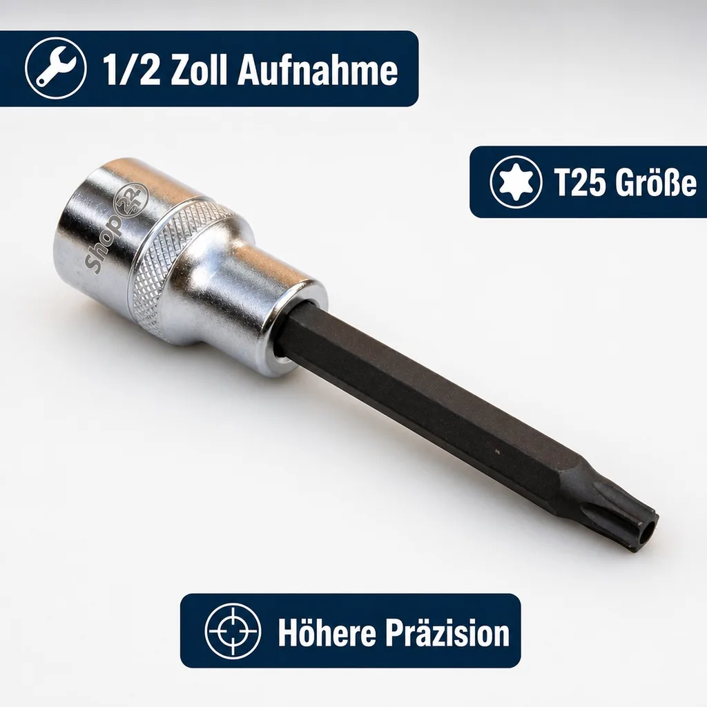 Innensechskant Nuss 1/2 Zoll, lang, T25, -Shop24, mit Stirnloch, 100mm, S2 Stahl