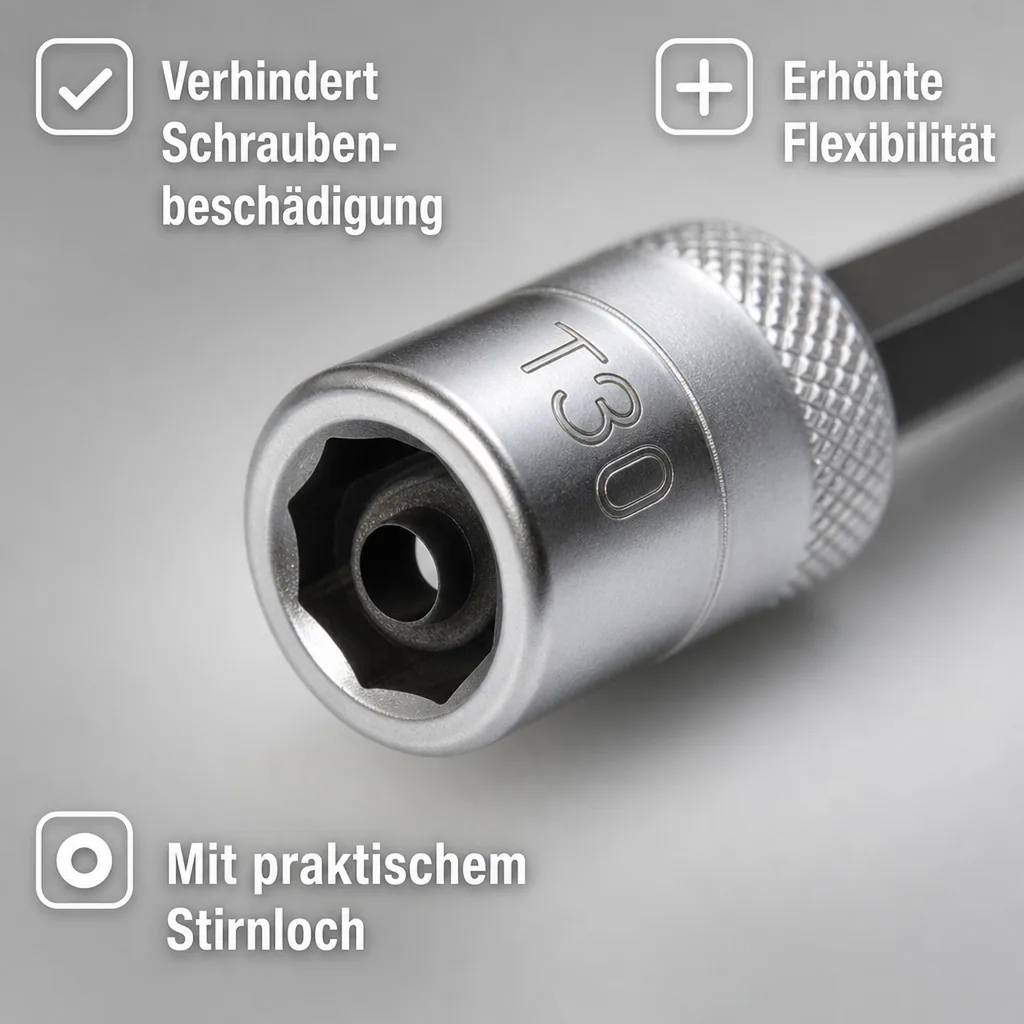 Innensechskant Nuss T30, 1/2 Zoll, mit Stirnloch, 100mm lang, S2 Stahl