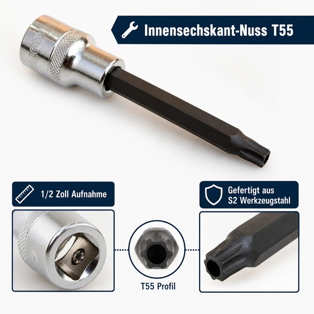 Innensechskant Nuss T55, 1/2 Zoll, Stirnloch, 1/2 Zoll Stecknuss