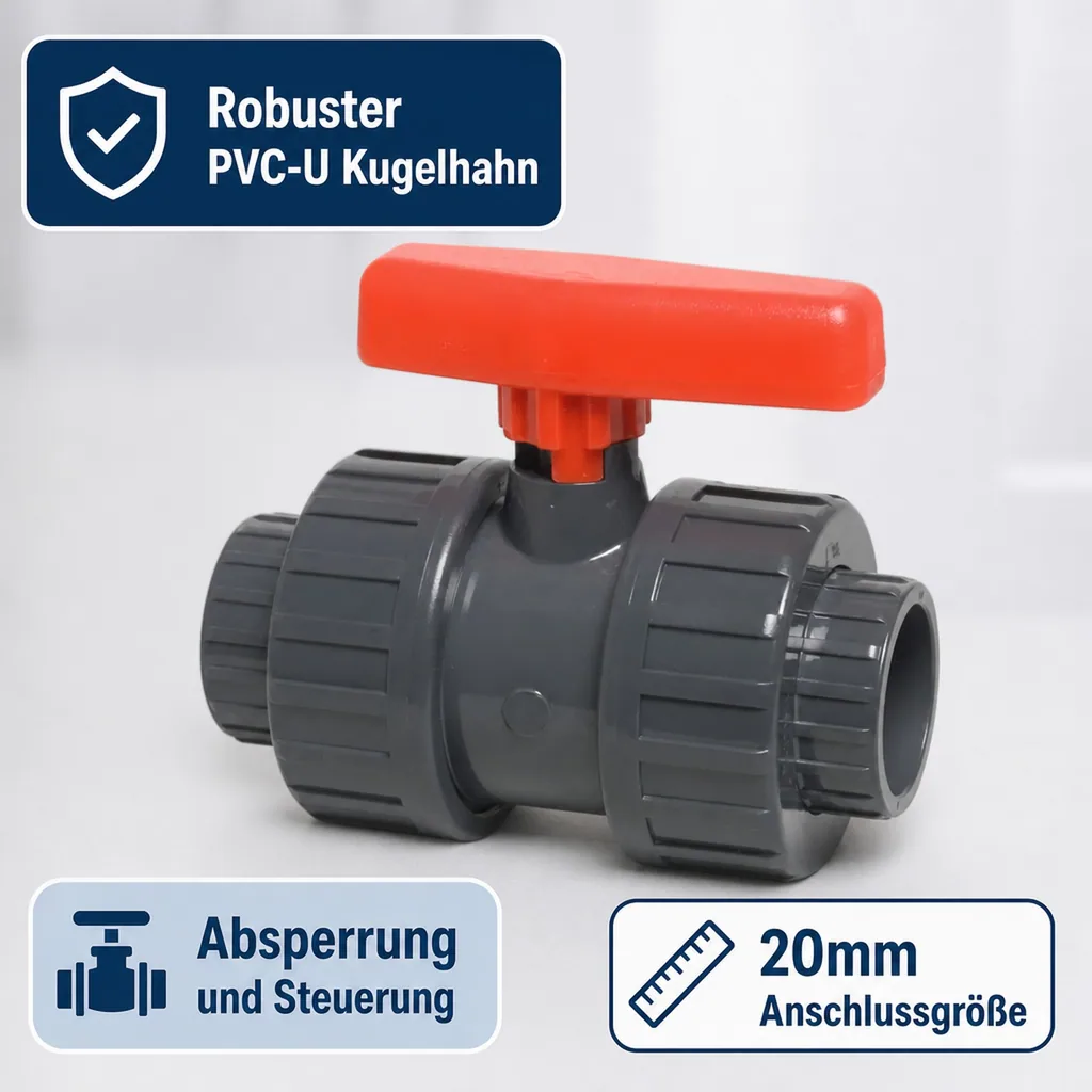 PVC-U Kugelhahn 20mm, Muffe, PN16, Fitting