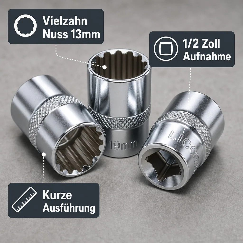 Stecknuss 13mm, Vielzahn Nuss 1/2 Zoll, CrV, kurze Ausführung