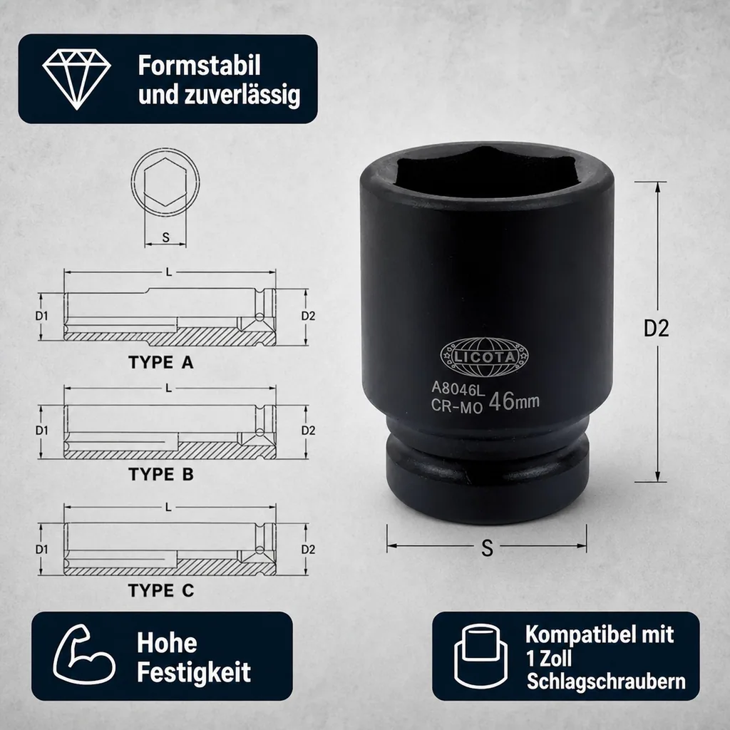 1 Zoll Nuss, Schlagschraubernuss 75 mm, SW 75, Langausführung