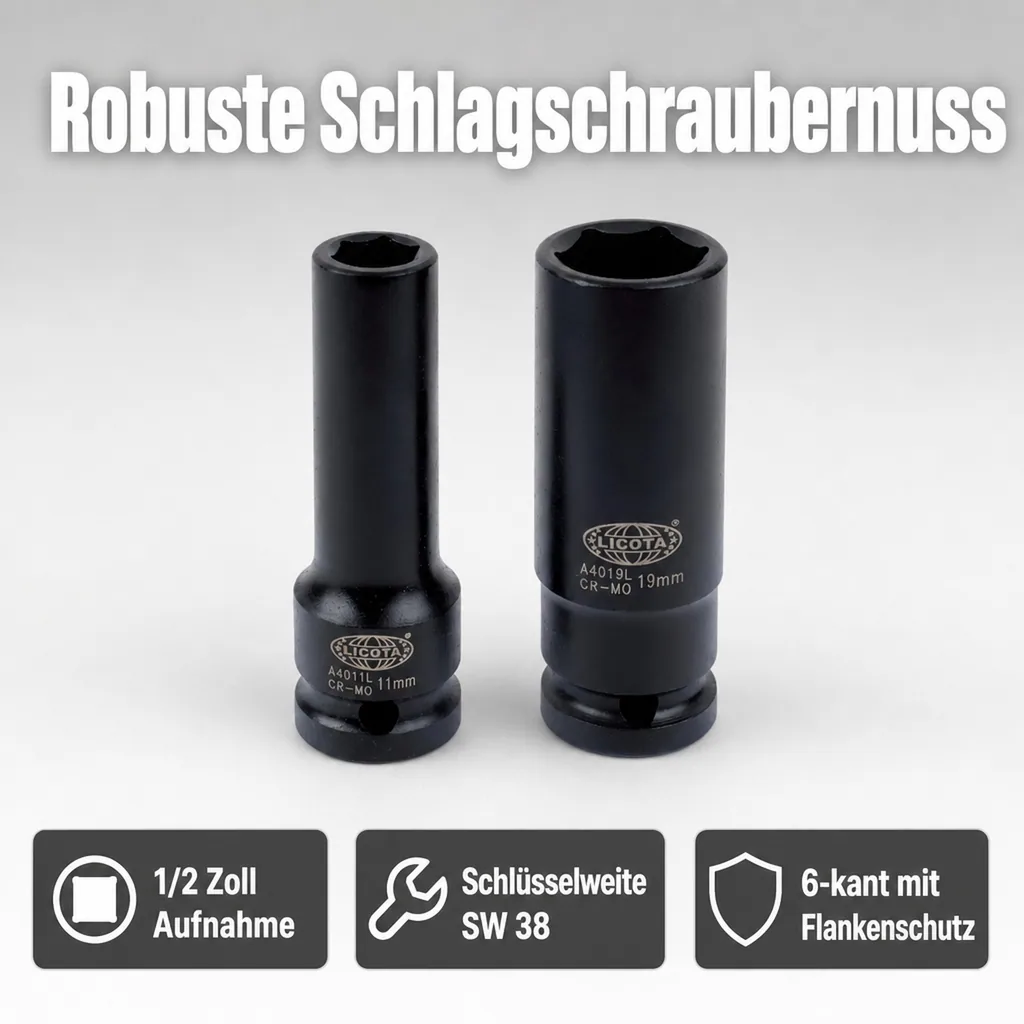 Schlagschraubernuss, 1/2 Zoll Nuss, SW 38, 6kant, 78mm Cr-Mo, 10 Stk.