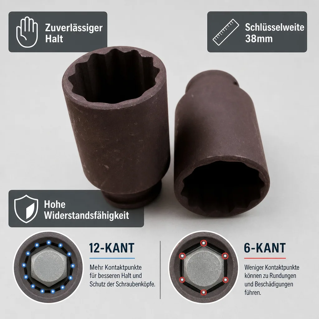 Schlagschraubernuss 1/2 Zoll, 38mm Nuss, Cr-Mo, 12-Kant