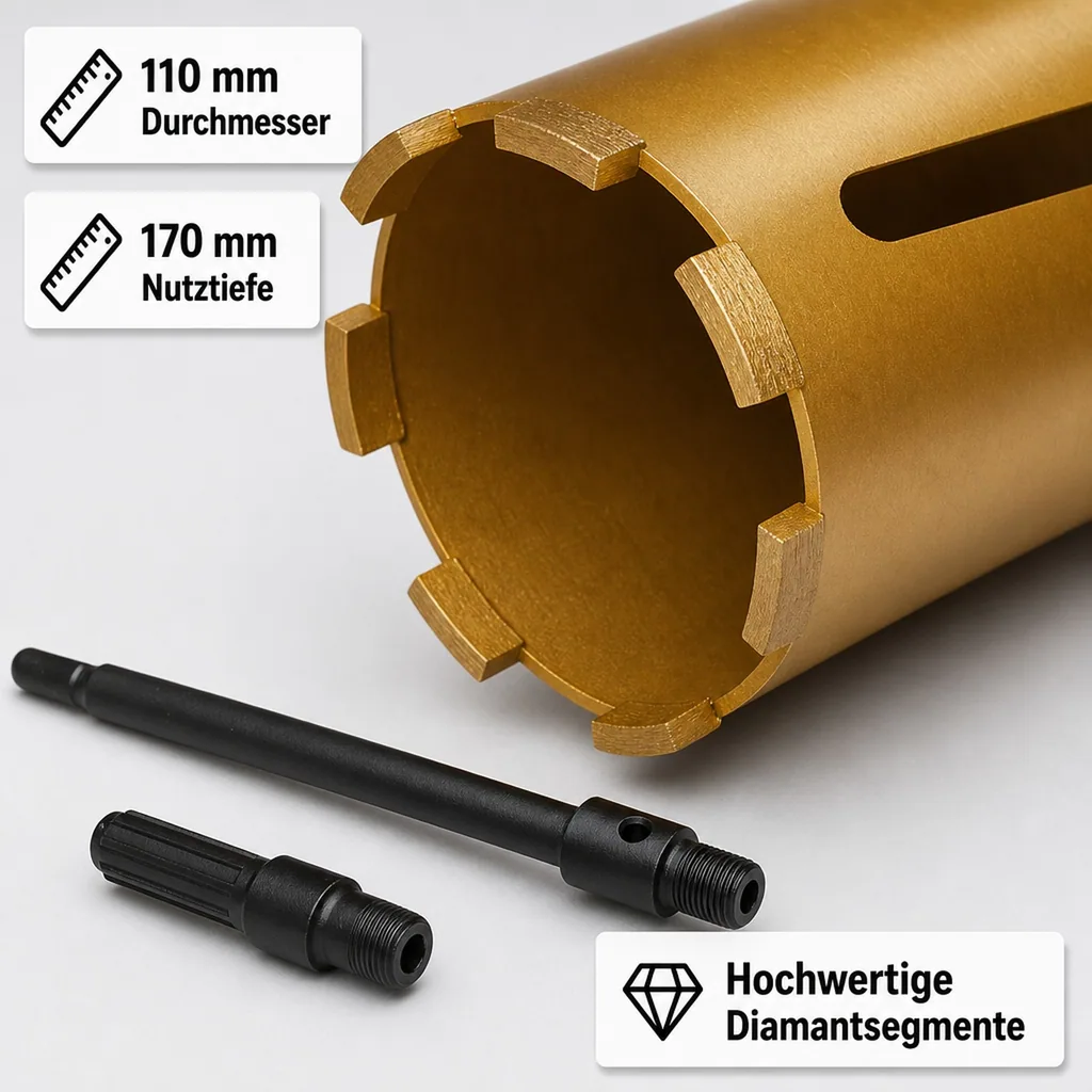 Diamantbohrkrone, Kernbohrer 110mm, SDS Plus Bohrkrone, ohne Zentrierbohrer
