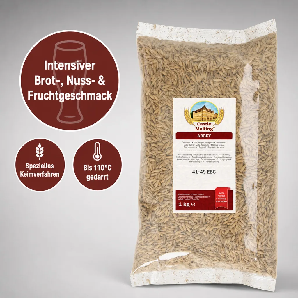 Castle Malting Abbey Malz, Biermalz, Gerstenmalz - 41- 49 EBC, 1 kg, verleiht einen kräftigen Geschmack nach gebackenem Brot, Nüssen und Früchten