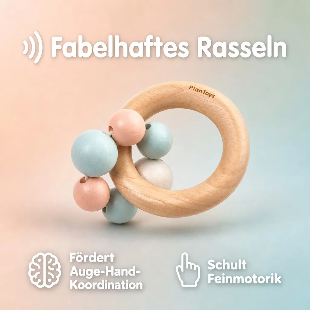 Plan Toys Baby Rassel mit Perlenring Holz pastell