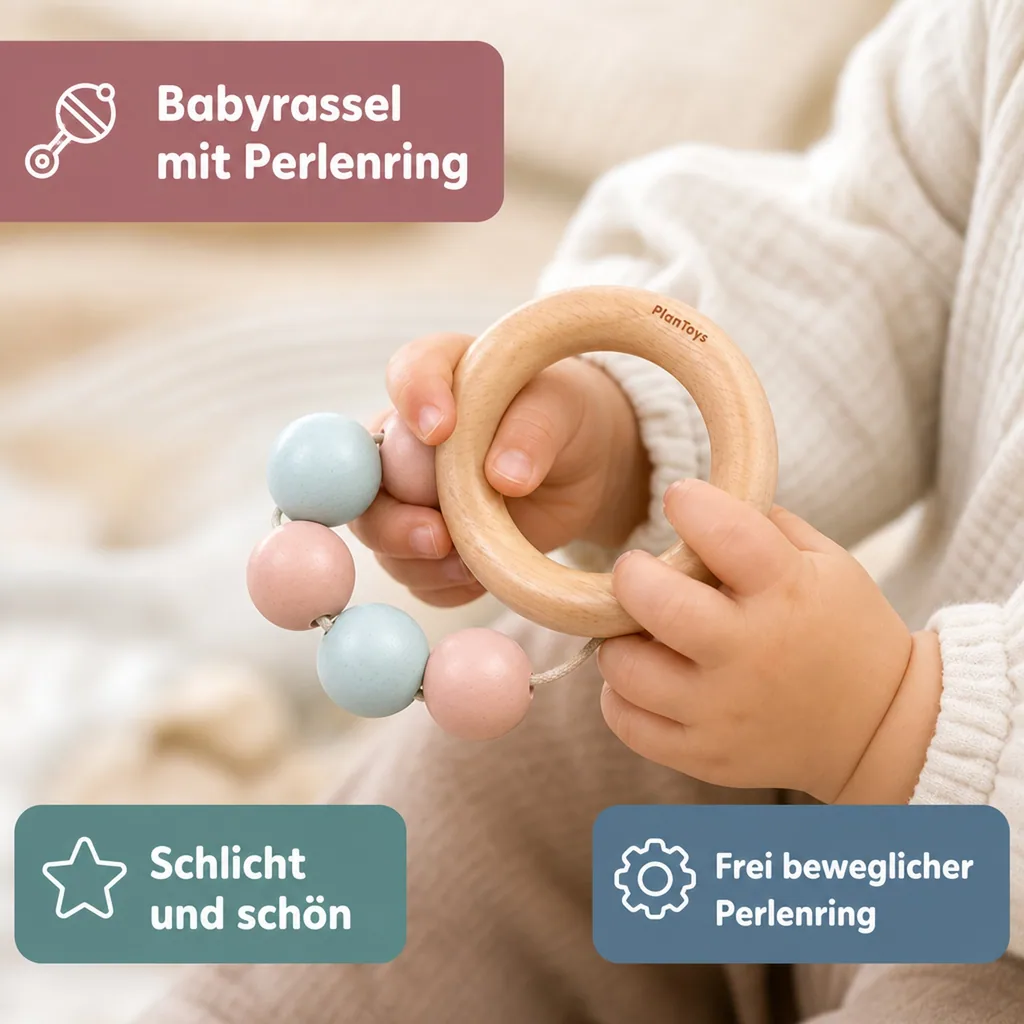 Plan Toys Baby Rassel mit Perlenring Holz pastell