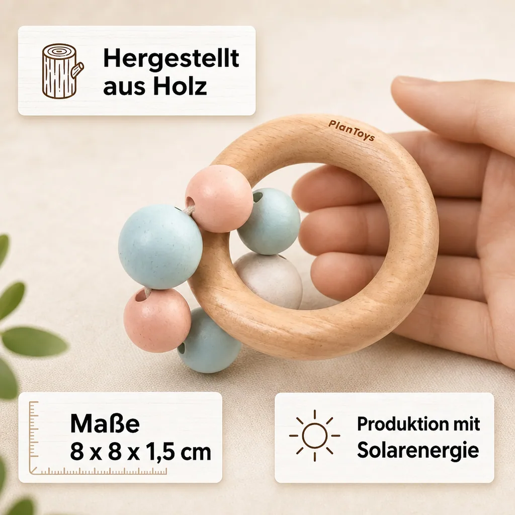 Plan Toys Baby Rassel mit Perlenring Holz pastell
