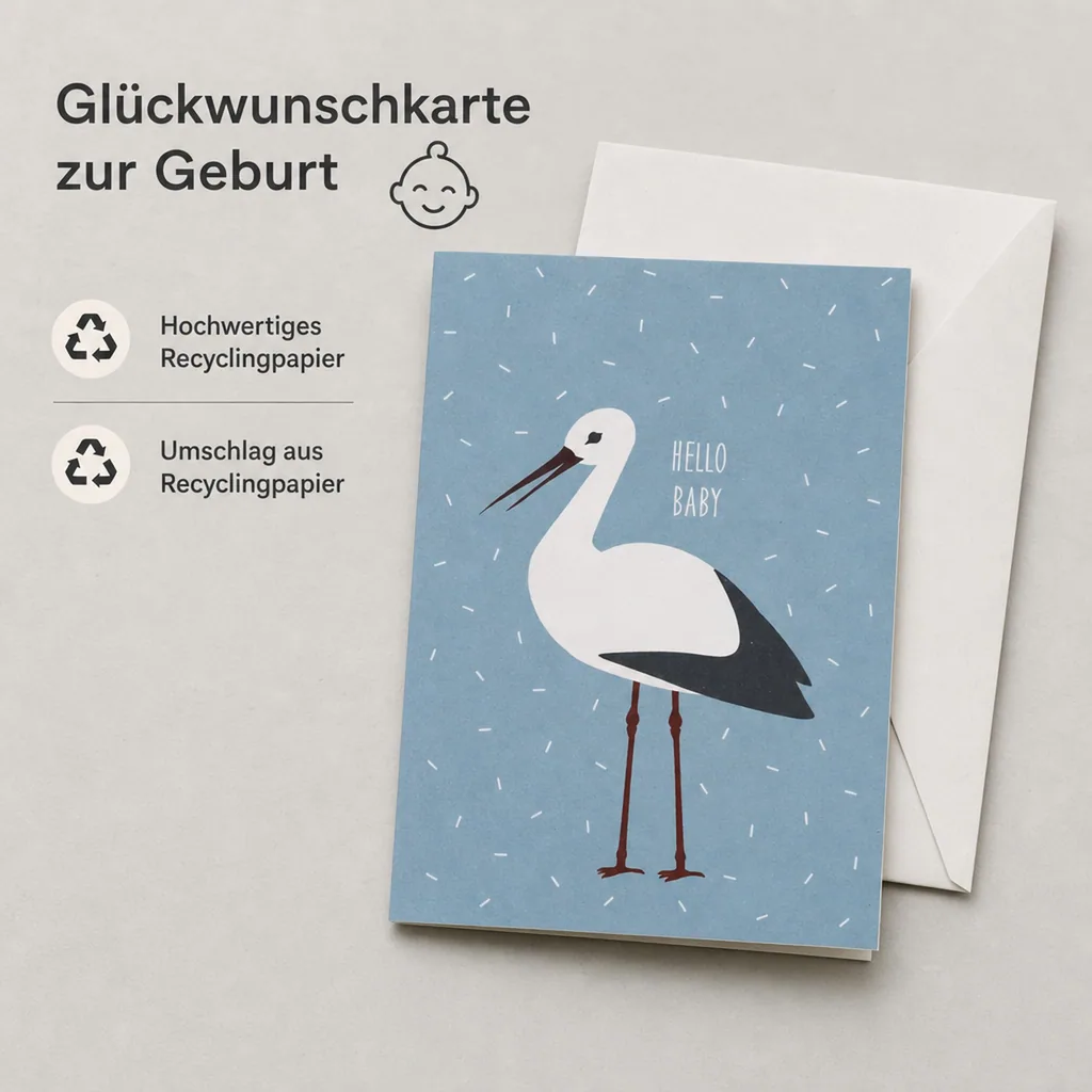 Ava & Yves Glückwunsch Karte zur Geburt Storch blau