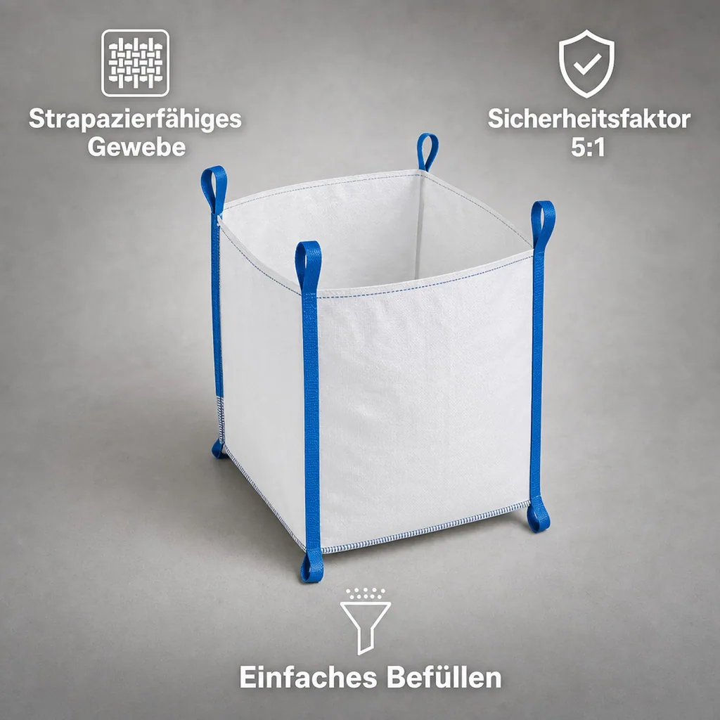 BIG BAG oben offen, 2 Schlaufen unten Tragkraft 1000 kg, 90 x 90 x 90 cm