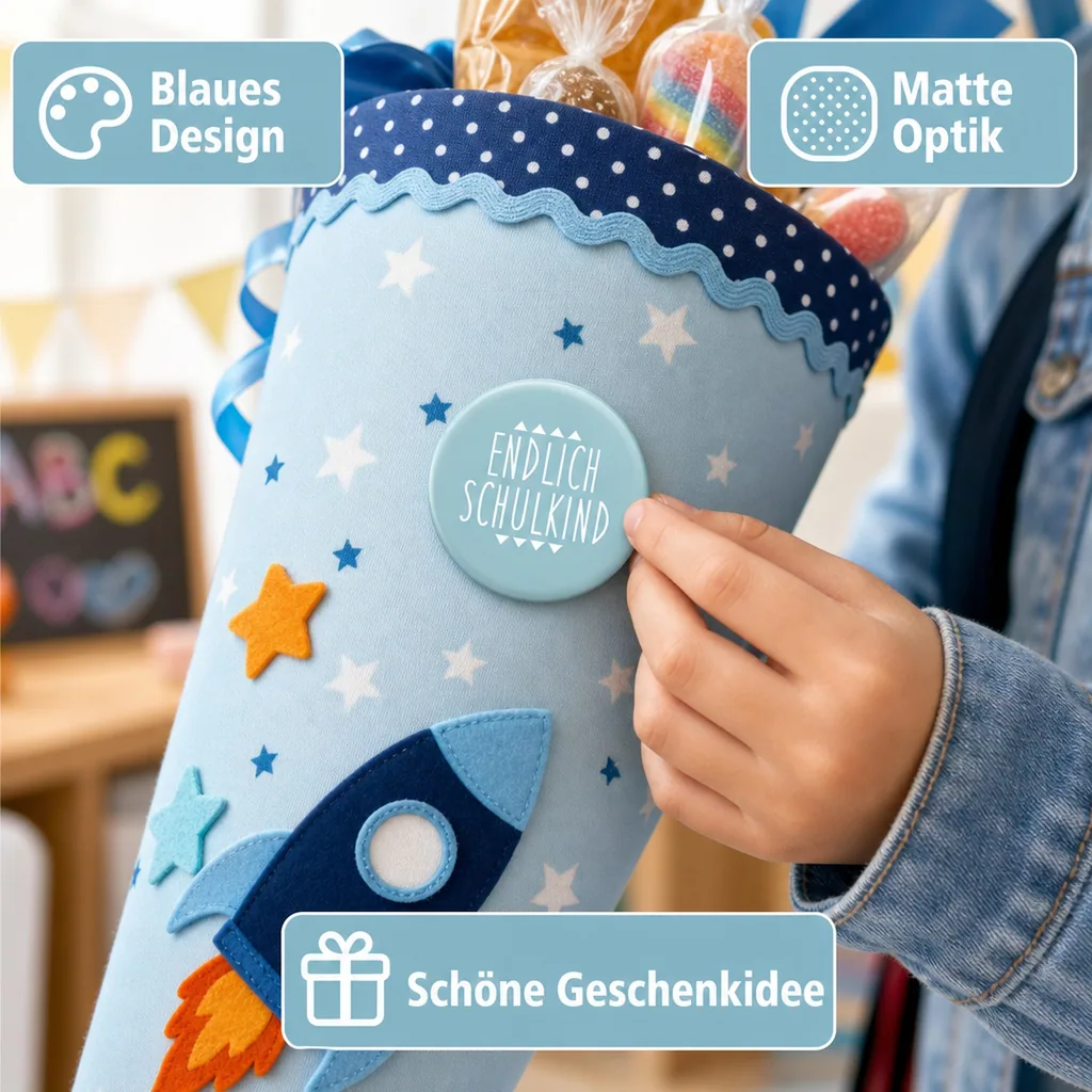 Ava & Yves Kinder Button / Anstecker endlich Schulkind blau