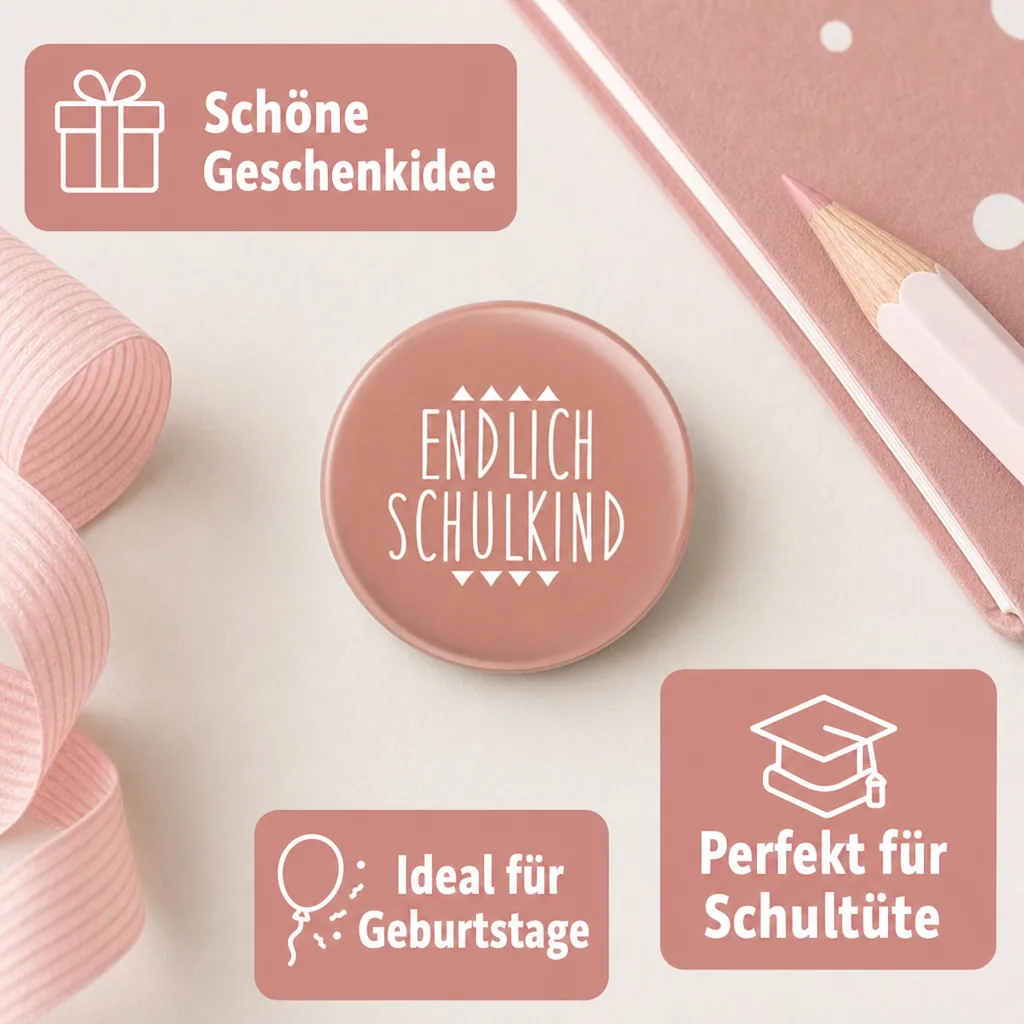 Ava & Yves Kinder Button / Anstecker endlich Schulkind rosa
