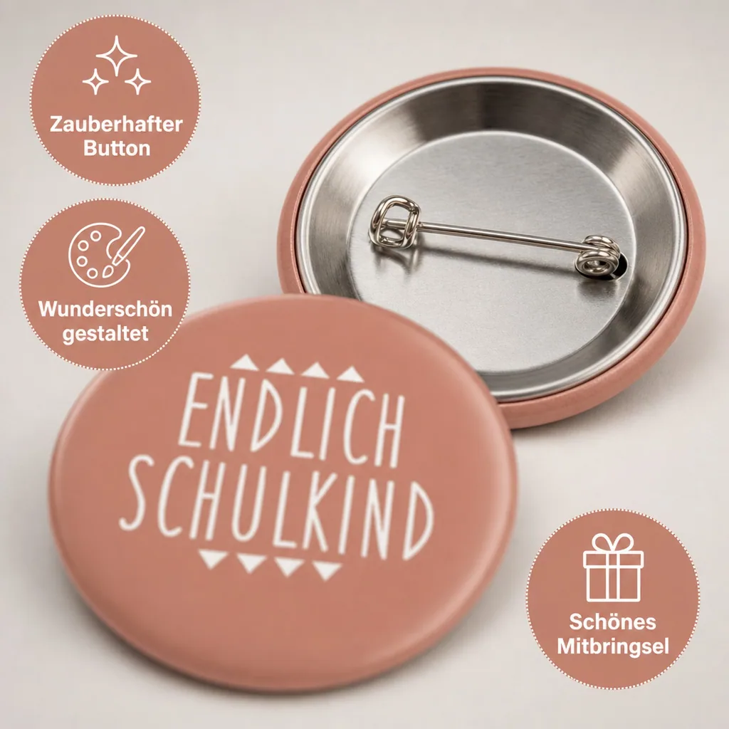 Ava & Yves Kinder Button / Anstecker endlich Schulkind rosa