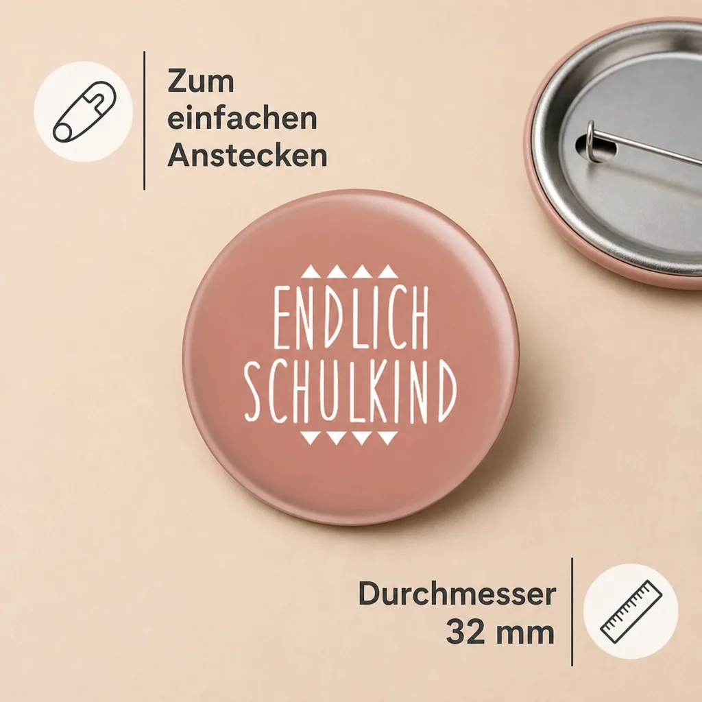 Ava & Yves Kinder Button / Anstecker endlich Schulkind rosa