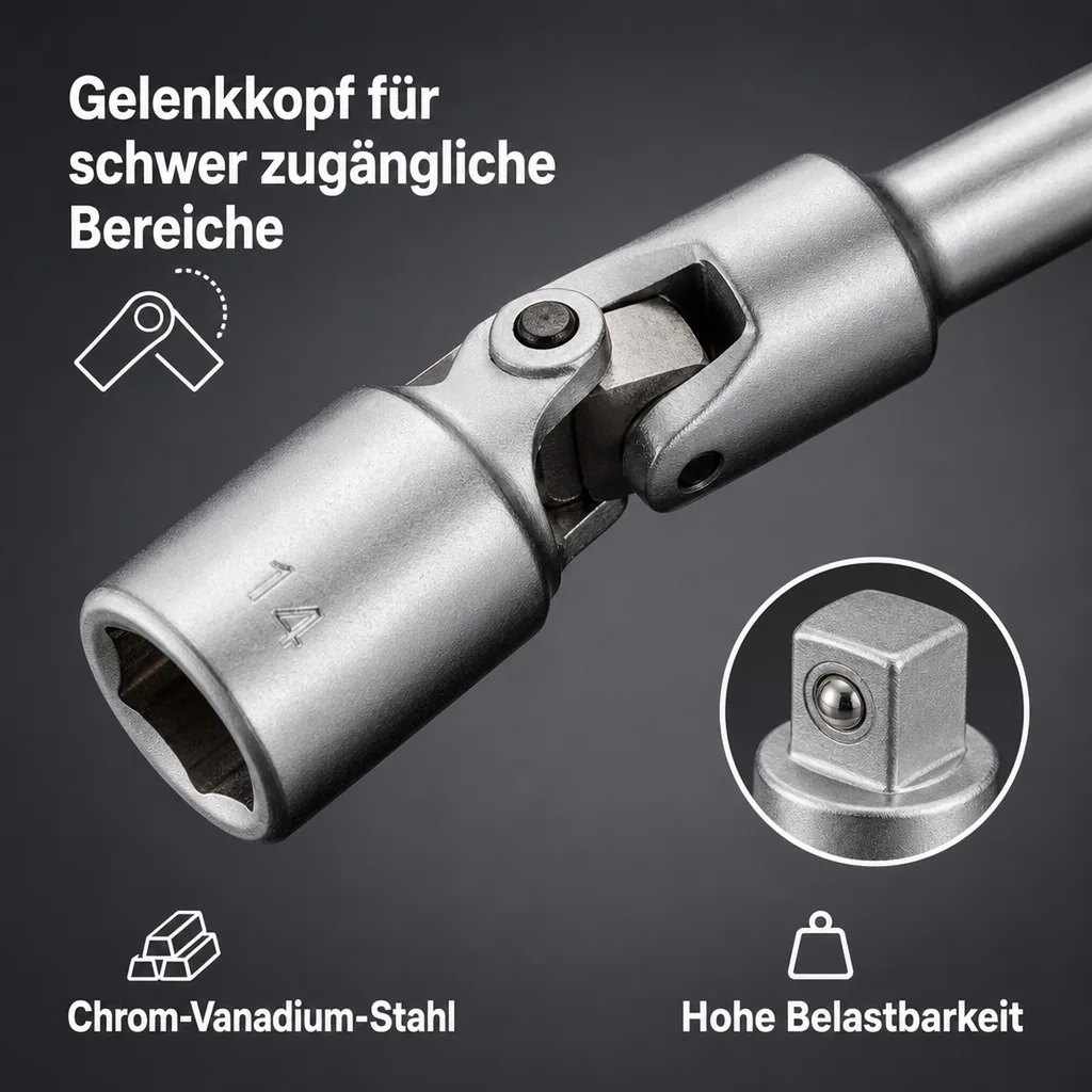 Glühkerzenschlüssel 14mm, Gelenk, 3/8 Zoll Nuss, 12pt