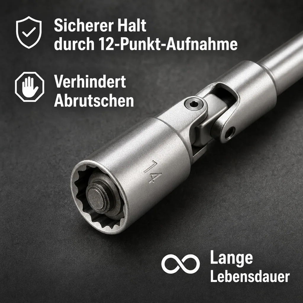 Glühkerzenschlüssel 14mm, Gelenk, 3/8 Zoll Nuss, 12pt