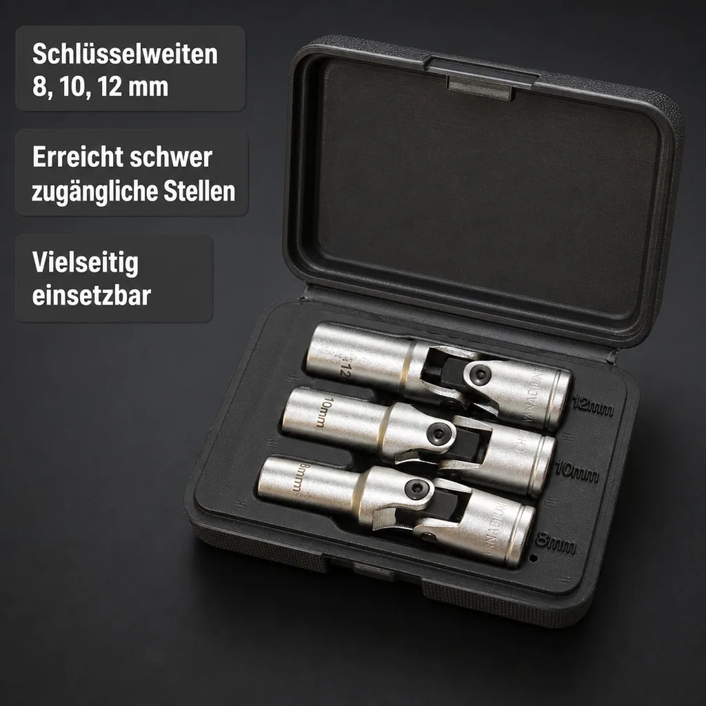 Glühkerzenschlüssel, Gelenk 3/8 Zoll, 8 10 12 mm, Werkzeug mit Box