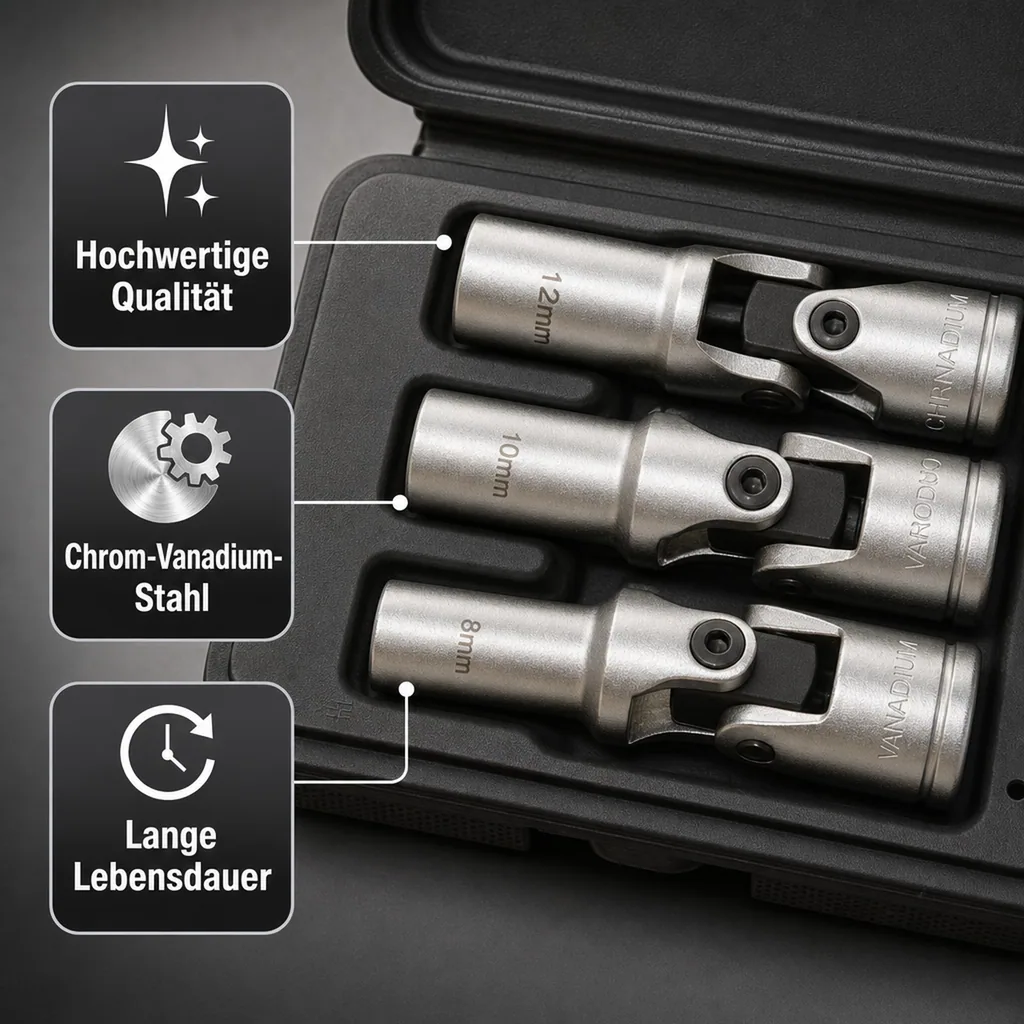 Glühkerzenschlüssel, Gelenk 3/8 Zoll, 8 10 12 mm, Werkzeug mit Box