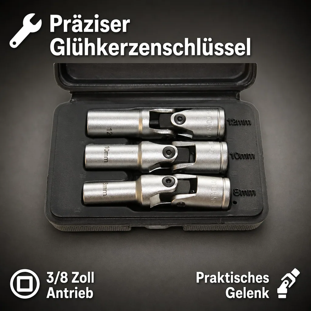 Glühkerzenschlüssel, Gelenk 3/8 Zoll, 8 10 12 mm, Werkzeug mit Box