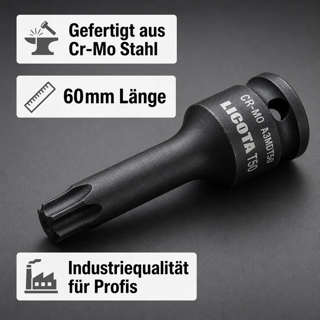 Innensechskant Nuss T50, 3/8 Zoll Schlagschrauber Nuss, Cr-Mo, 60mm Länge