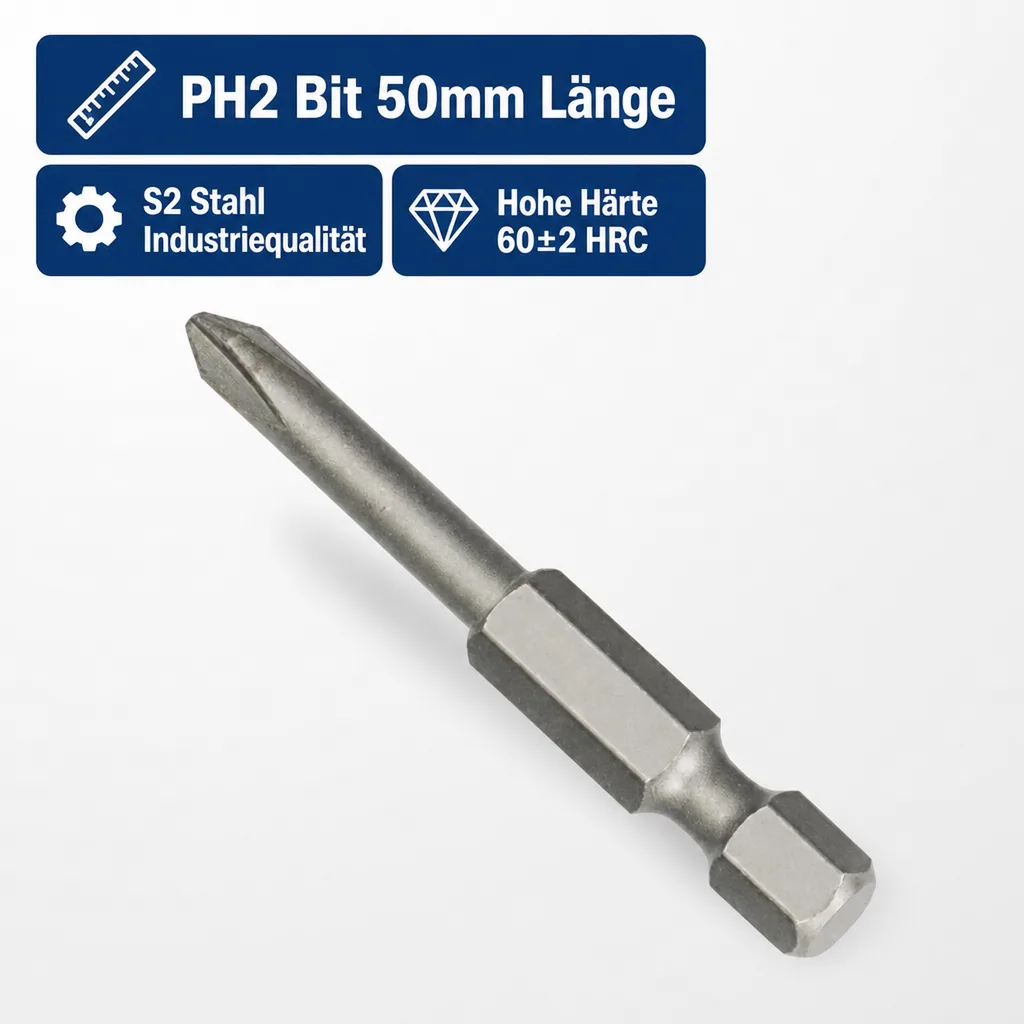 PH2 Bit 50mm, Langbit, S2 Stahl Industriequalität