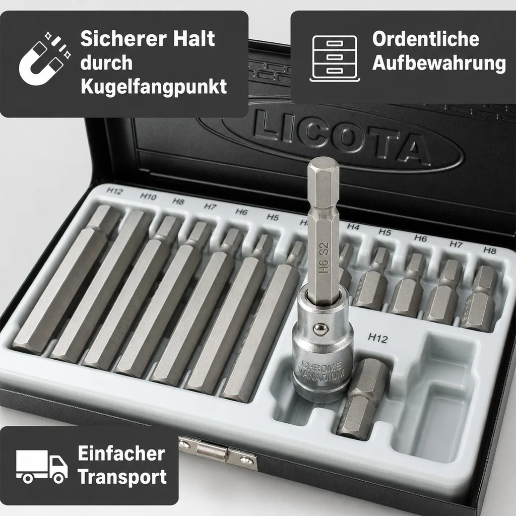 Bit Set, S2 Stahl, 3/8 Zoll, 10mm HEX, H4-H12, 30+75mm,  Bit Halter
