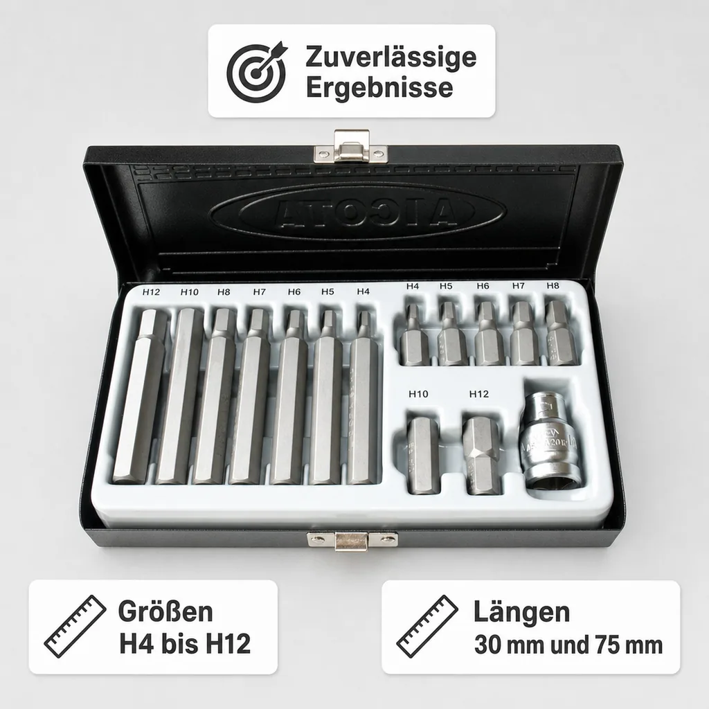 Bit Set, S2 Stahl, 3/8 Zoll, 10mm HEX, H4-H12, 30+75mm,  Bit Halter