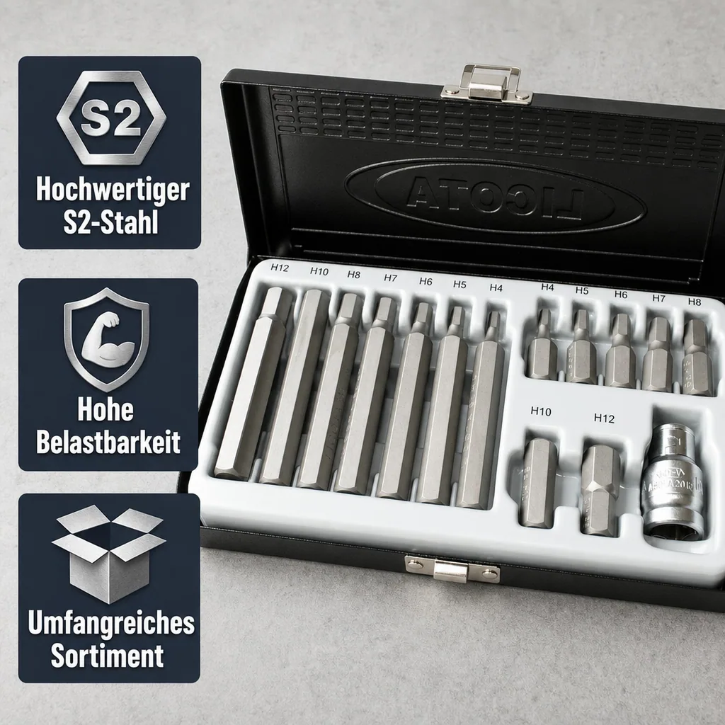 Bit Set, S2 Stahl, 3/8 Zoll, 10mm HEX, H4-H12, 30+75mm,  Bit Halter