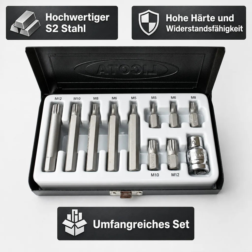 Bit Satz, Vielzahn, Spline, S2 Stahl, M5-M12, 3/8 Zoll, mit Halter
