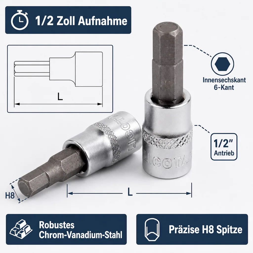 Innensechskant Nuss, Innensechskant Stecknuss, 1/2 Zoll, H8