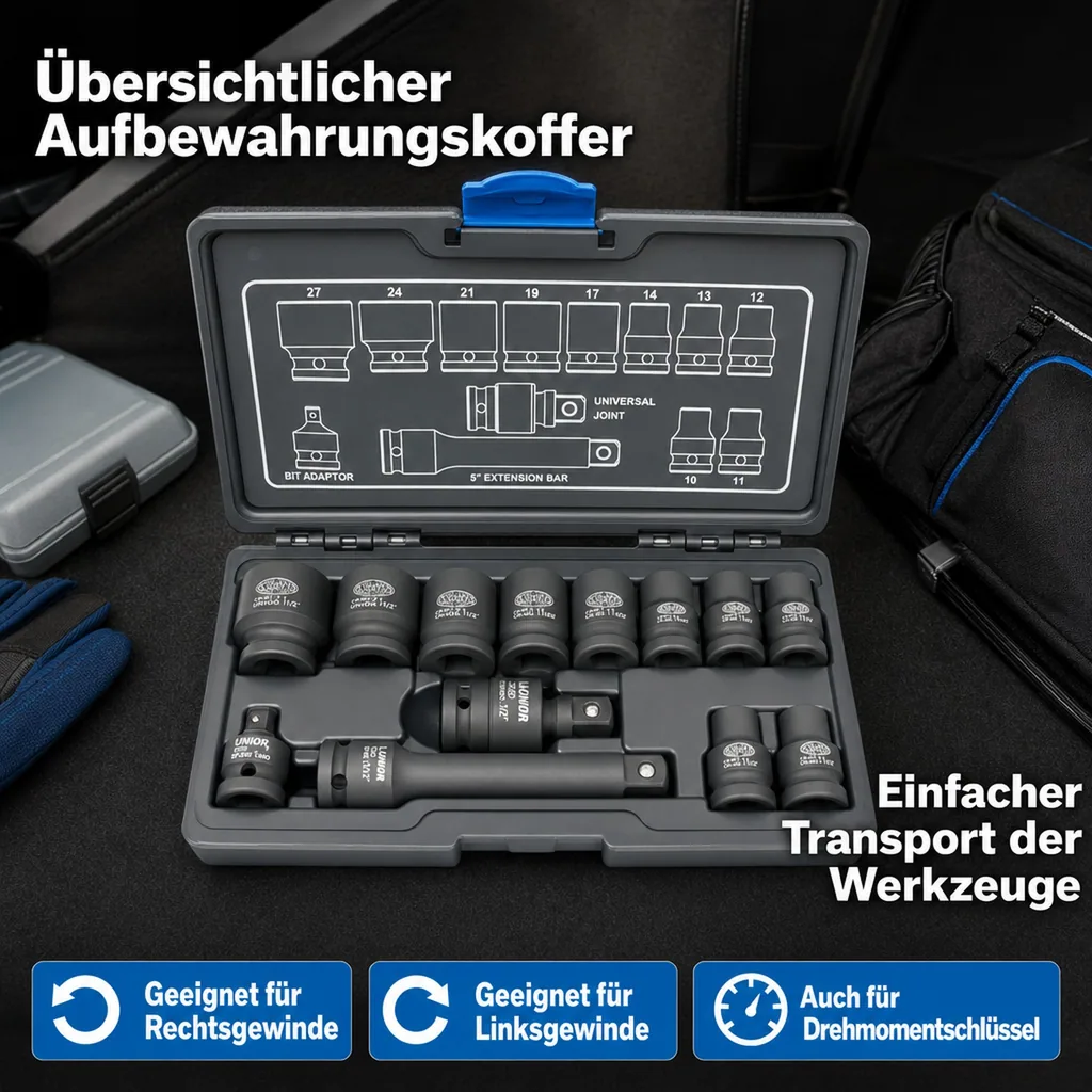 Steckschlüsselsatz, 1/2 Zoll, Schlagschrauber Nüsse Set, 13-teilig, Cr-Mo