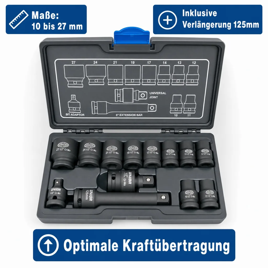 Steckschlüsselsatz, 1/2 Zoll, Schlagschrauber Nüsse Set, 13-teilig, Cr-Mo