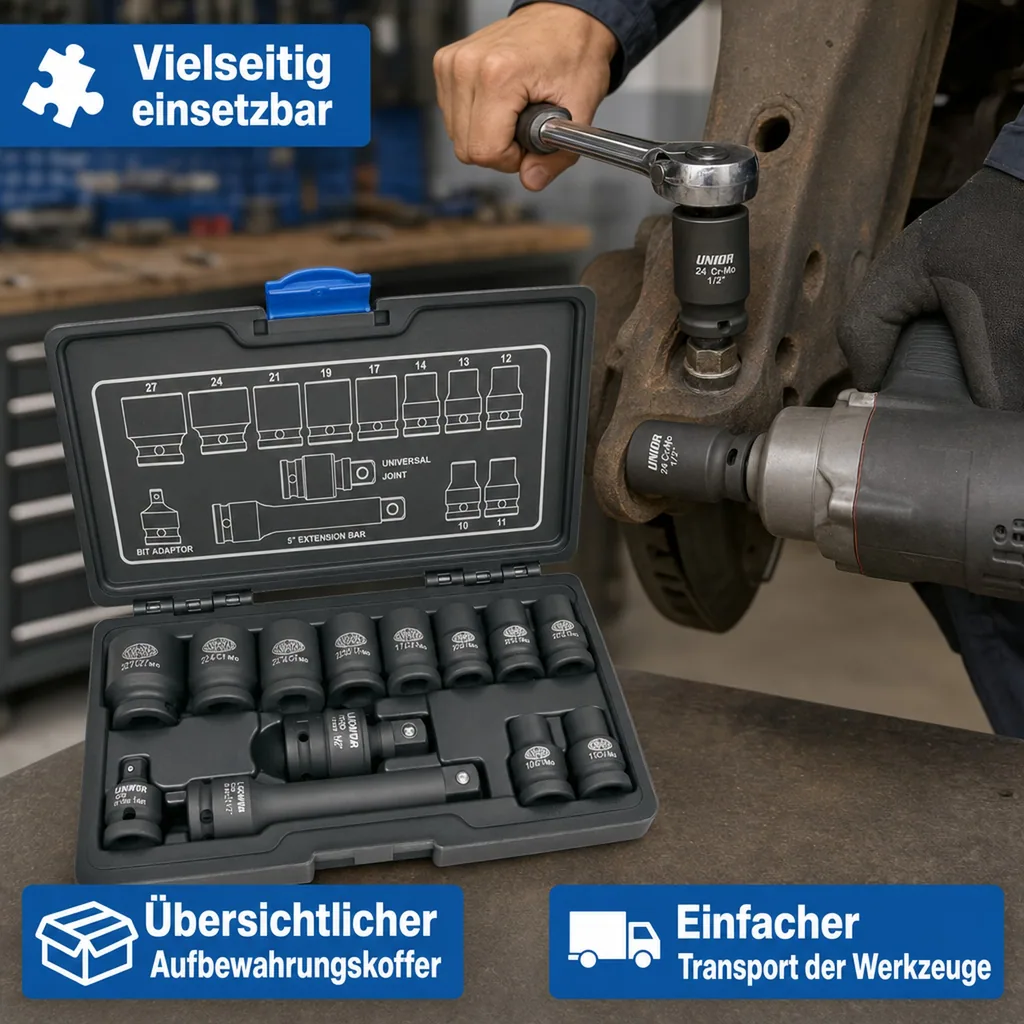 Steckschlüsselsatz, 1/2 Zoll, Schlagschrauber Nüsse Set, 13-teilig, Cr-Mo