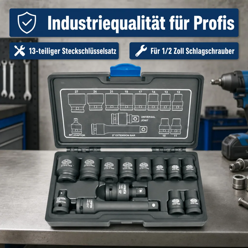 Steckschlüsselsatz, 1/2 Zoll, Schlagschrauber Nüsse Set, 13-teilig, Cr-Mo