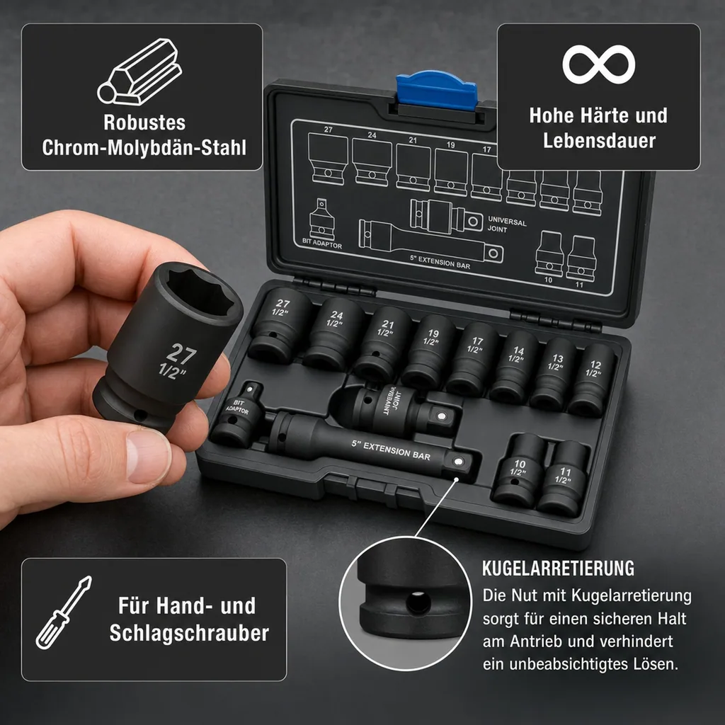 Steckschlüsselsatz, 1/2 Zoll, Schlagschrauber Nüsse Set, 13-teilig, Cr-Mo