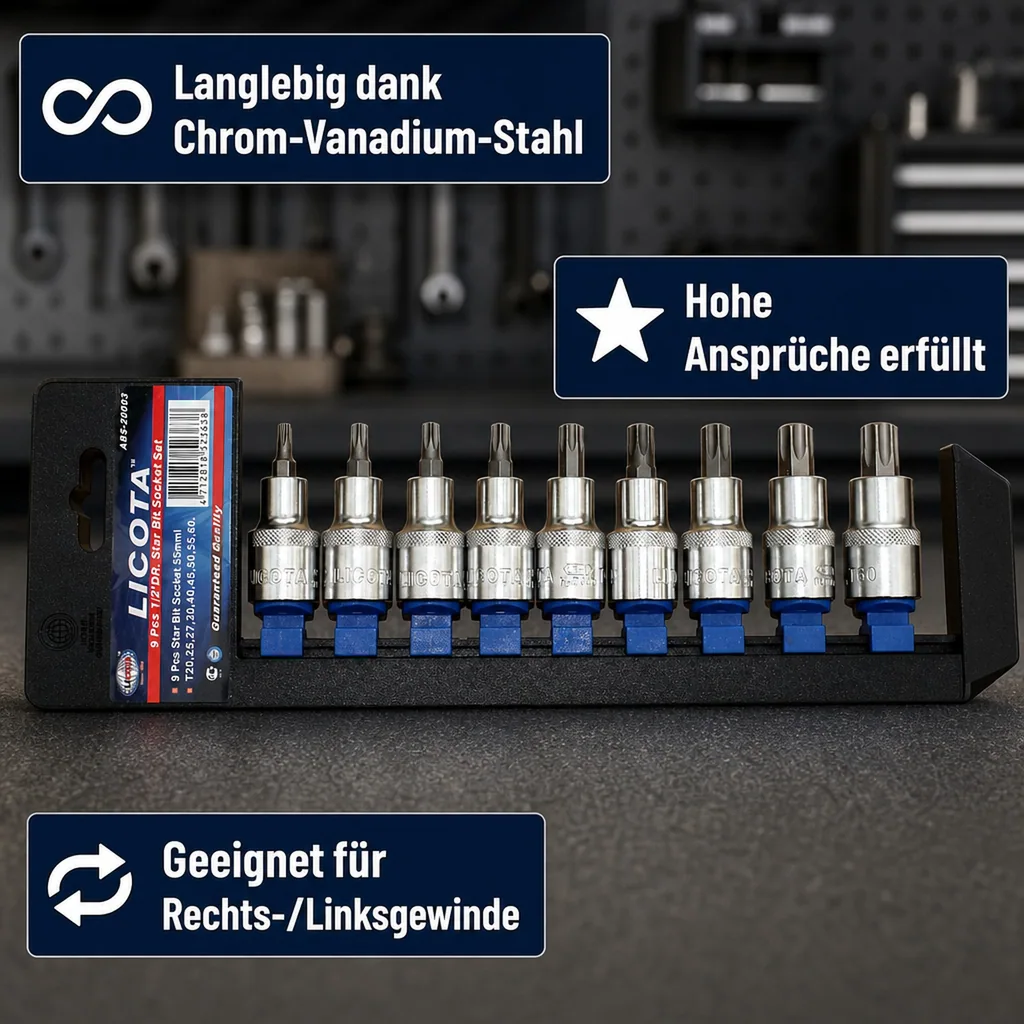 Innensechskant Nuss Set 9tlg, T20-T60, 1/2 Zoll, 55mm, Chrom Vanadium