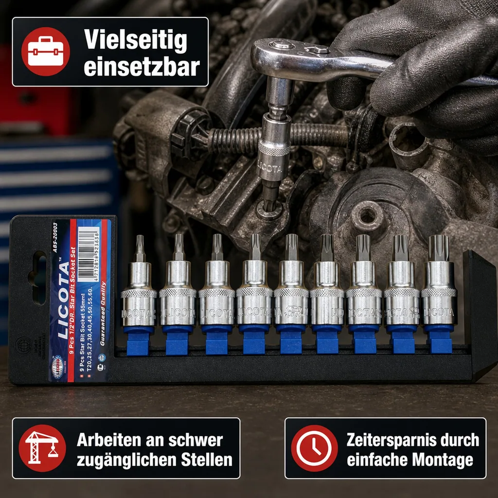 Innensechskant Nuss Set 9tlg, T20-T60, 1/2 Zoll, 55mm, Chrom Vanadium