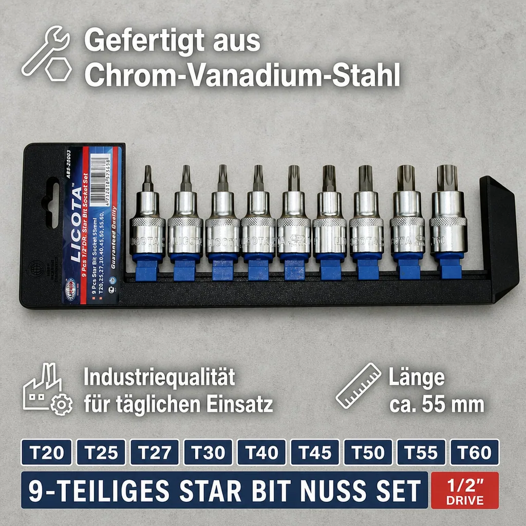 Innensechskant Nuss Set 9tlg, T20-T60, 1/2 Zoll, 55mm, Chrom Vanadium