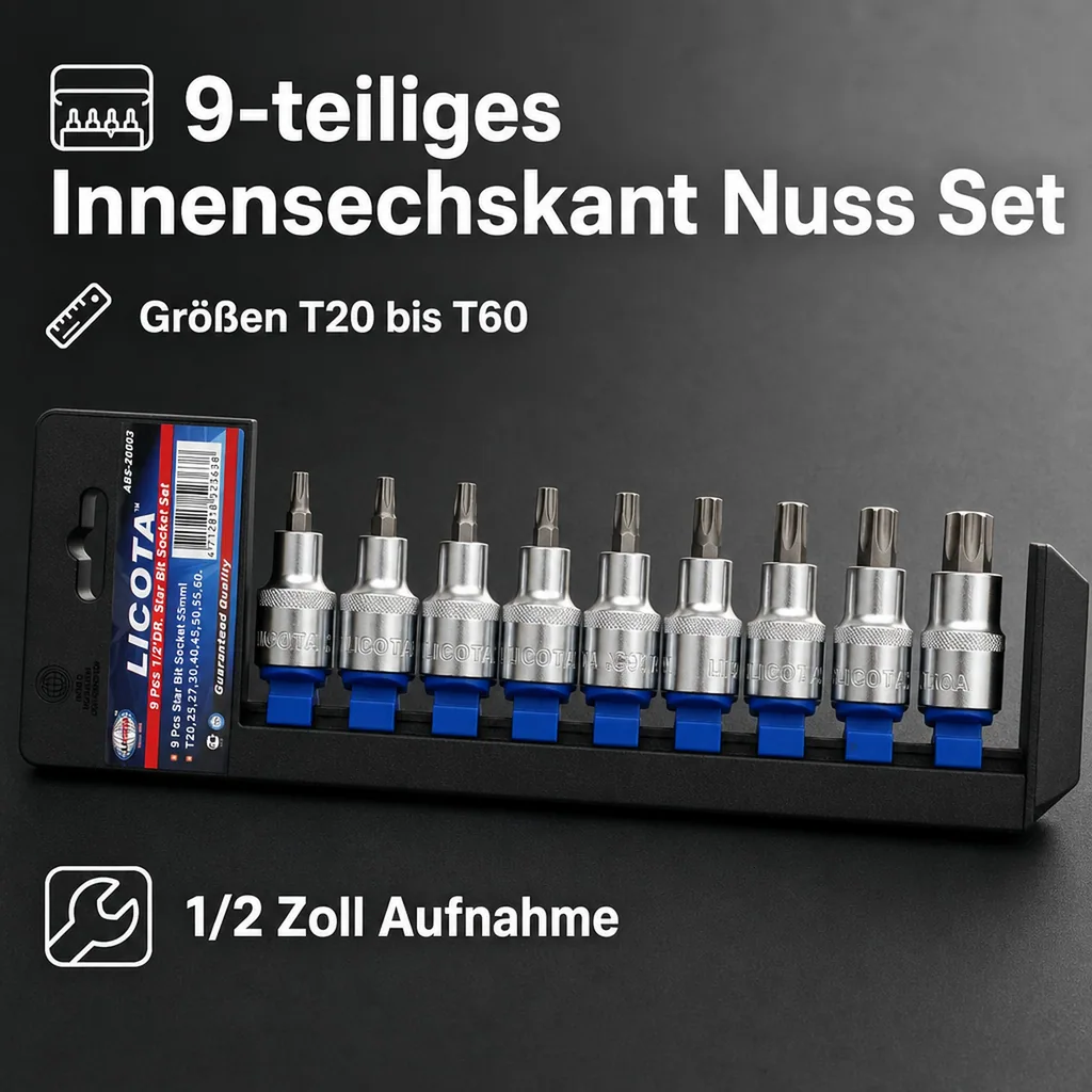 Innensechskant Nuss Set 9tlg, T20-T60, 1/2 Zoll, 55mm, Chrom Vanadium