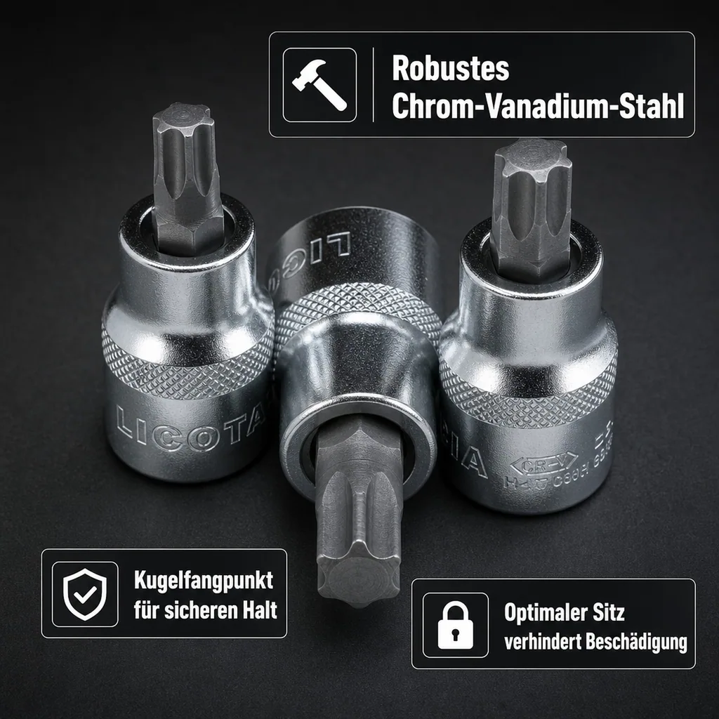 Innensechskant Nuss Set 9tlg, T20-T60, 1/2 Zoll, 55mm, Chrom Vanadium
