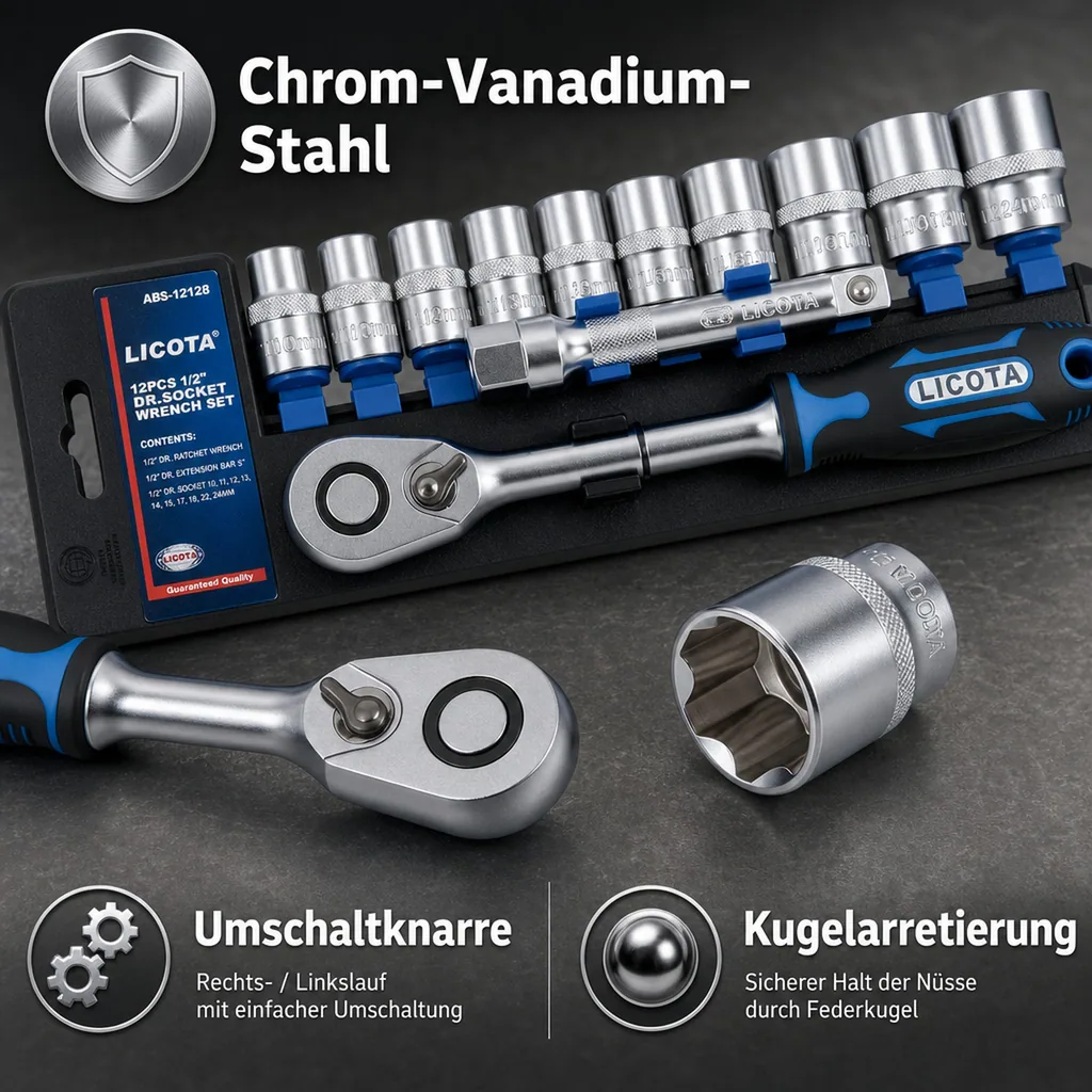 Stecknuss Satz, 12-teilig, Knarrenkasten 1/2 Zoll, Superlock Nüsse, Industrie Qualität