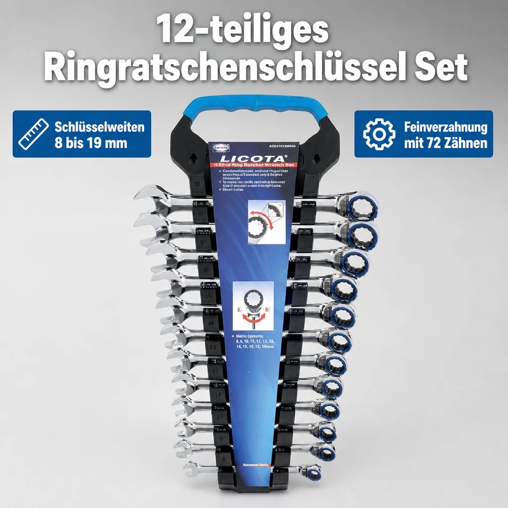 Ringratschenschlüssel Set 12-teilig, 8-19mm, Ratschenschlüssel, Feinverzahnung