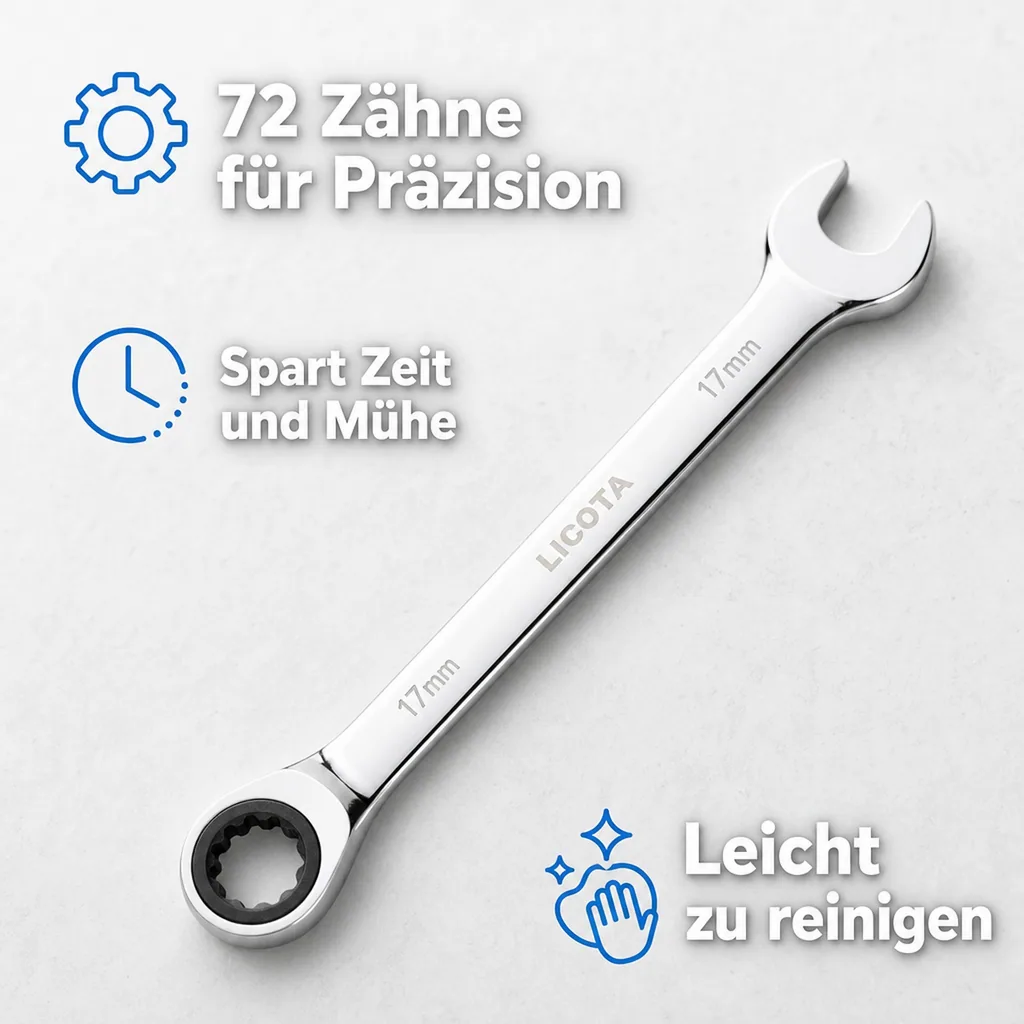 Ringratschenschlüssel 14mm, 72 Zähne, Spiegelpoliert