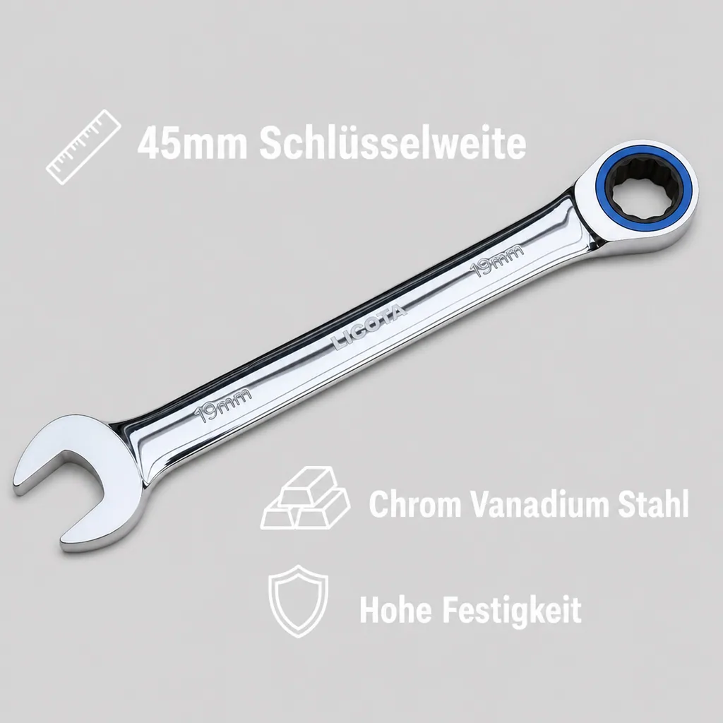 Ringratschenschlüssel 45mm, 72 Zähne, Chrom Vanadium, feinverzahnt