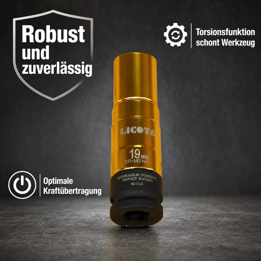 Schlagschraubernuss, Torsionsnuss SW 19, 100mm, Kraft-Schoneinsätze