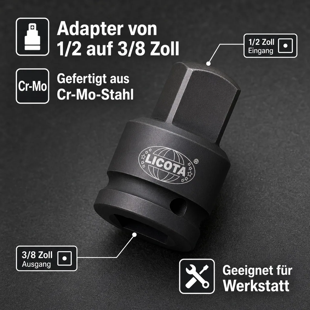 Schlagschrauber Adapter, 1/2 auf 3/8 Zoll, Cr-Mo