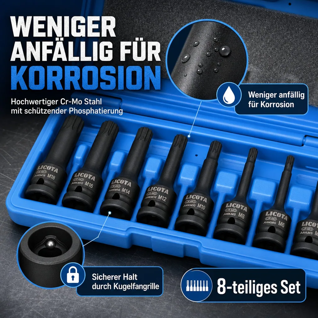 Schlagschrauber Nuss Set 1/2 Zoll, Spline Nüsse M5-M18, 8-teilig
