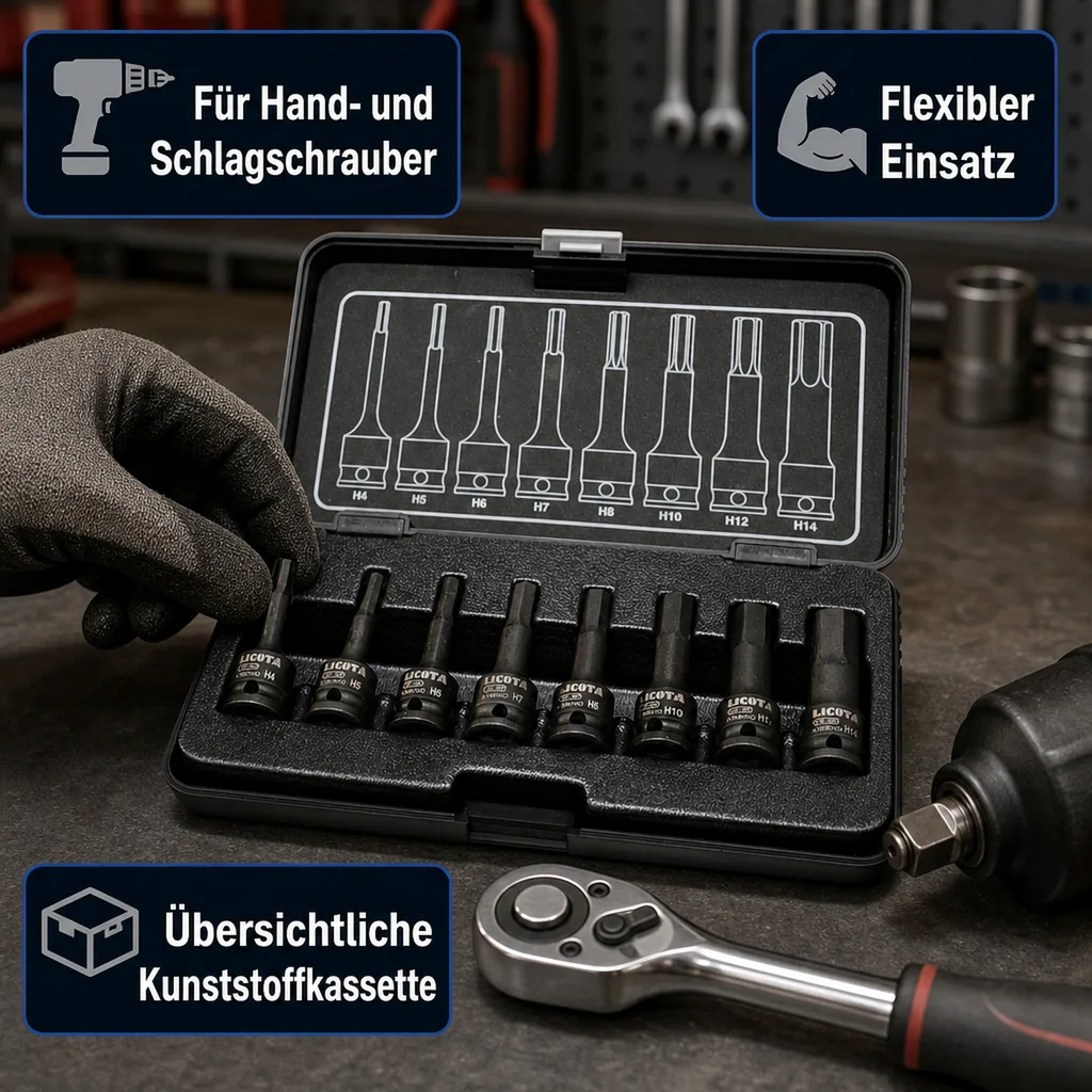 Innensechskant Nuss Set, Schlagschrauber Nüsse, 3/8 Zoll, H4-H14, 8-teilig, Cr-Mo