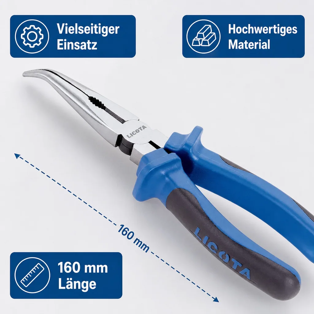 Spitzzange, Flachrundzange gewinkelt 160mm, Profi Zange